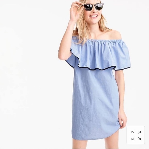 J. CREW Tipped Off The Shoulder Ruffle Blue Cotton Mini Dress XS - Picture 4 of 9